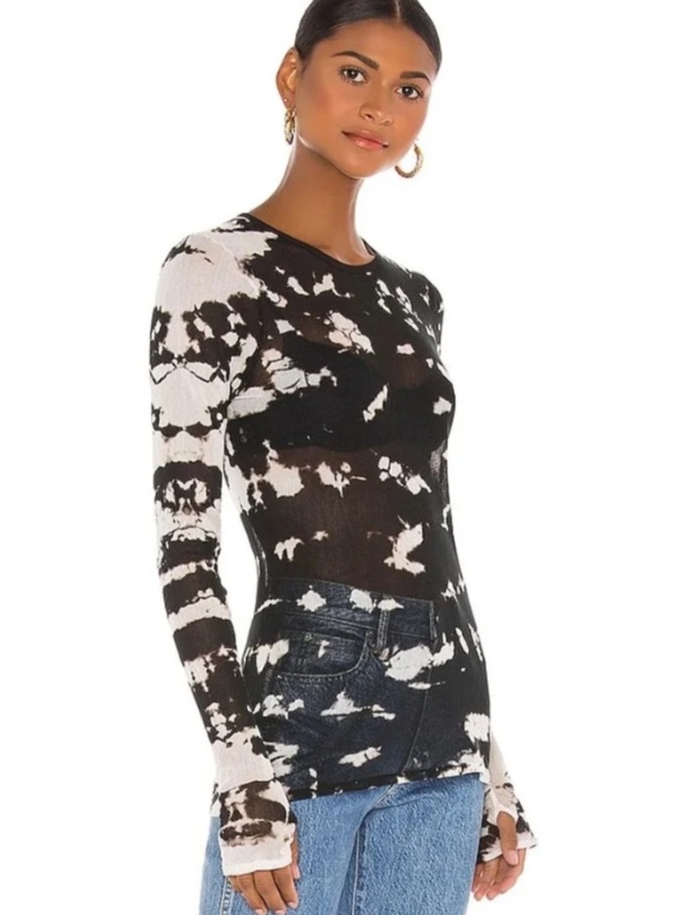 Enza Costa Tie Dye Long Sleeve With Thumbholes Crew Neck Mesh Top